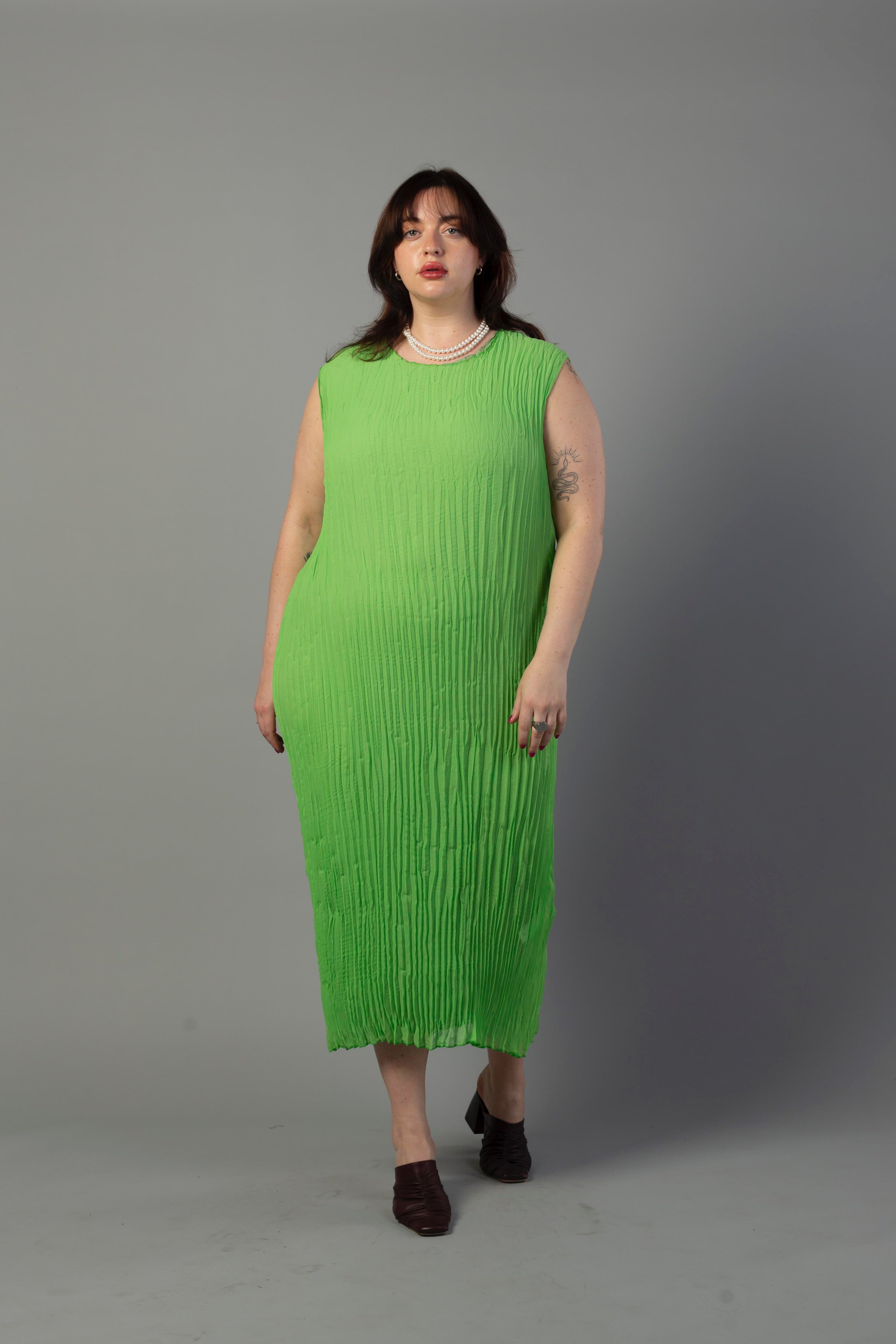 Jaya Pleated Dress- Reversible Lime/ Sage Green