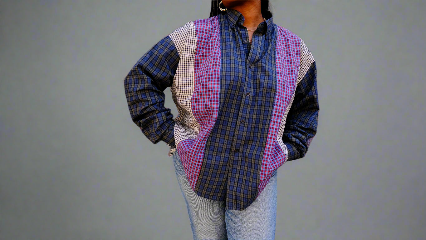 The Vintage Point -  Oversized Button Down Shirt - Blue/ Red Multi