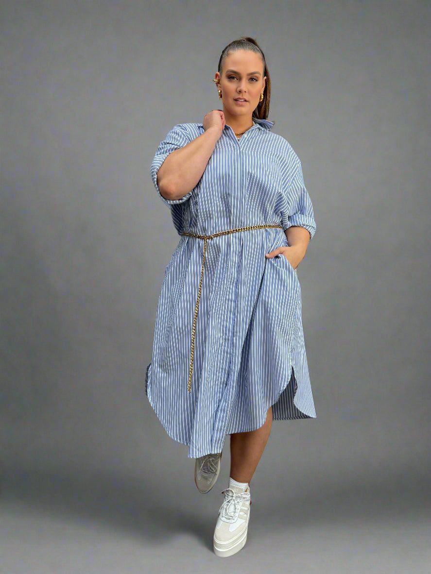 Mia Oversized Shirt Dress- Sky Blue Stripe