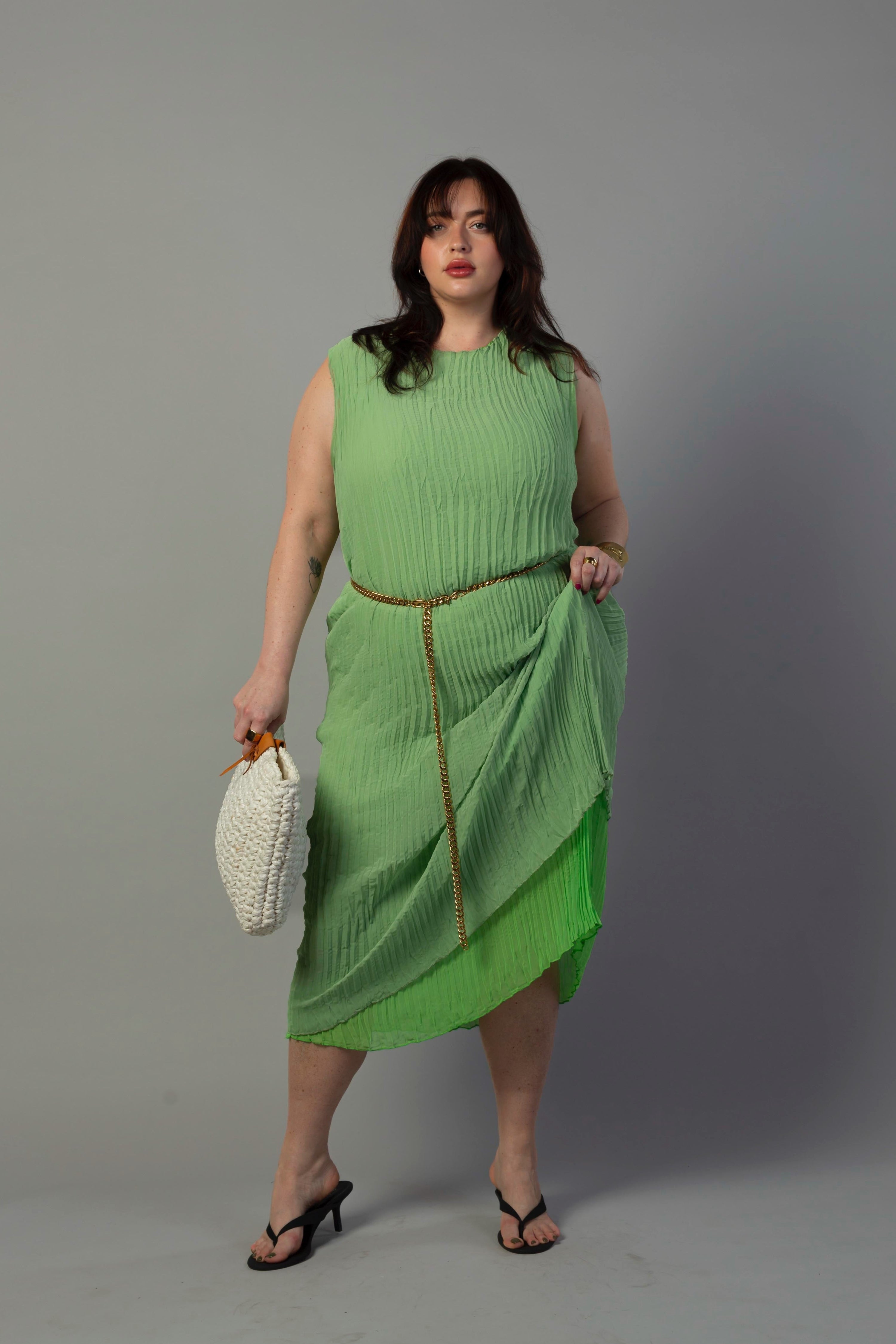 Jaya Pleated Dress- Reversible Lime/ Sage Green