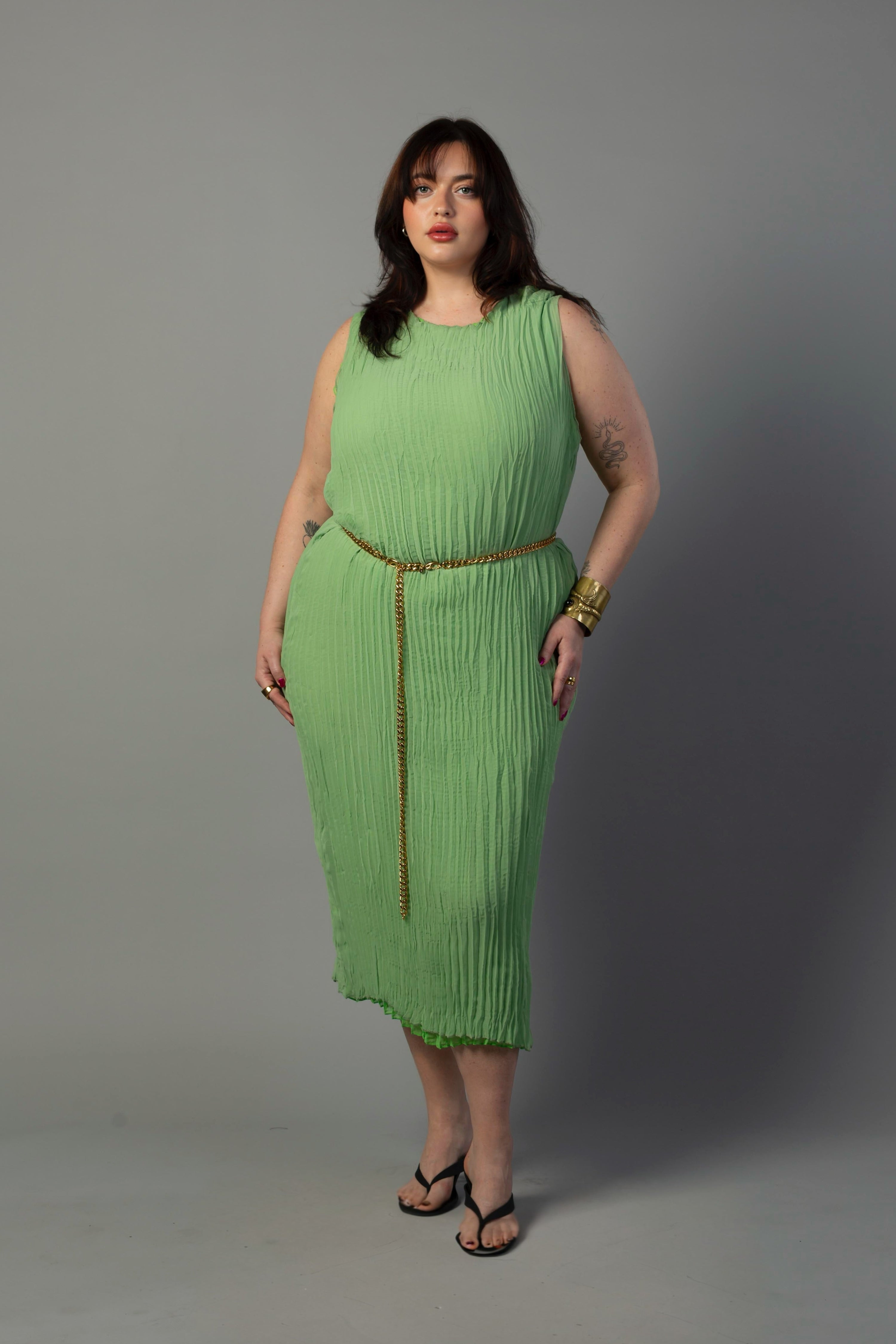 Jaya Pleated Dress- Reversible Lime/ Sage Green