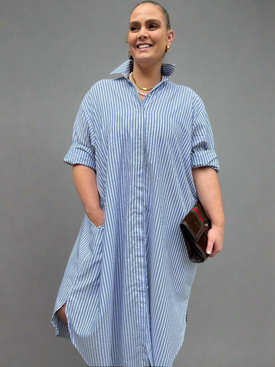 Mia Oversized Shirt Dress- Sky Blue Stripe