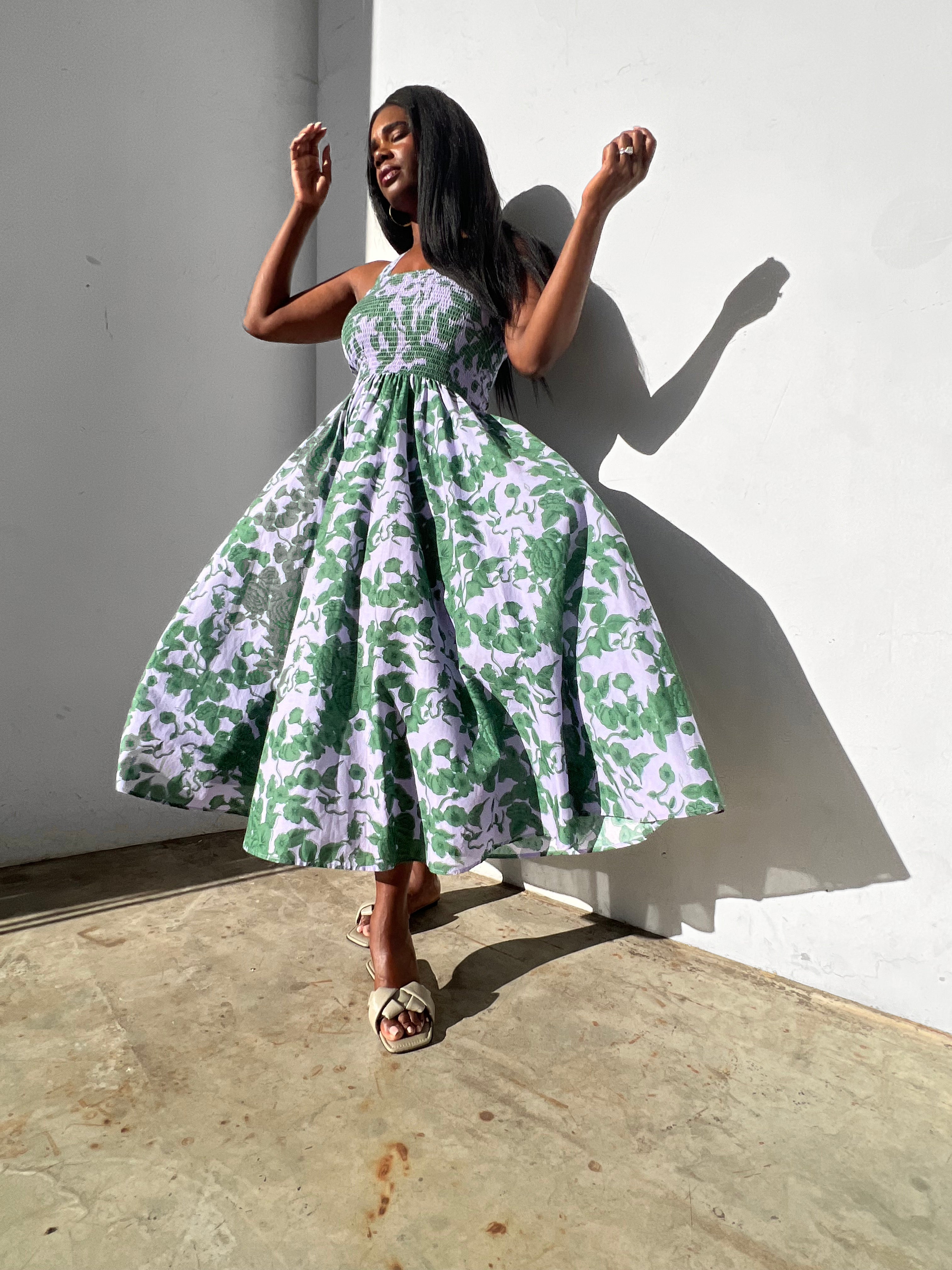 Brooke Floral Midi Sundress - Lilac and Green Floral – Baacal