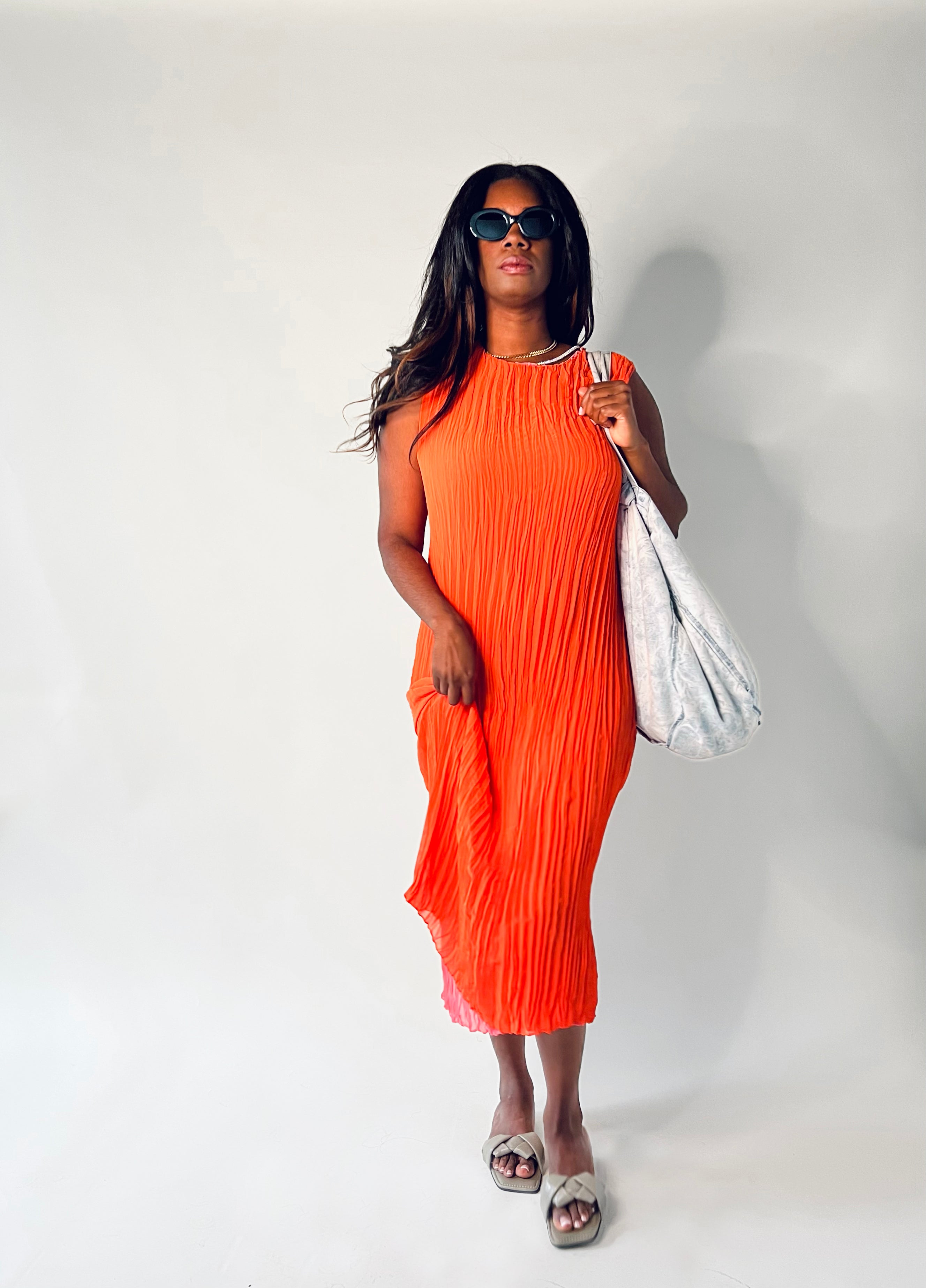 Jaya Pleated Dress- Reversible Orange Coral