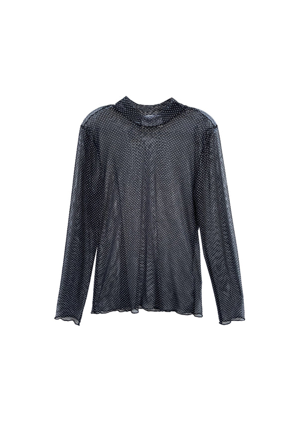 Long-sleeved Blouse - Black/white dotted - Ladies